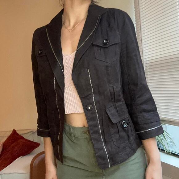 Brown ann taylor linen blend blazer quarter sleeve - Picture 3 of 7